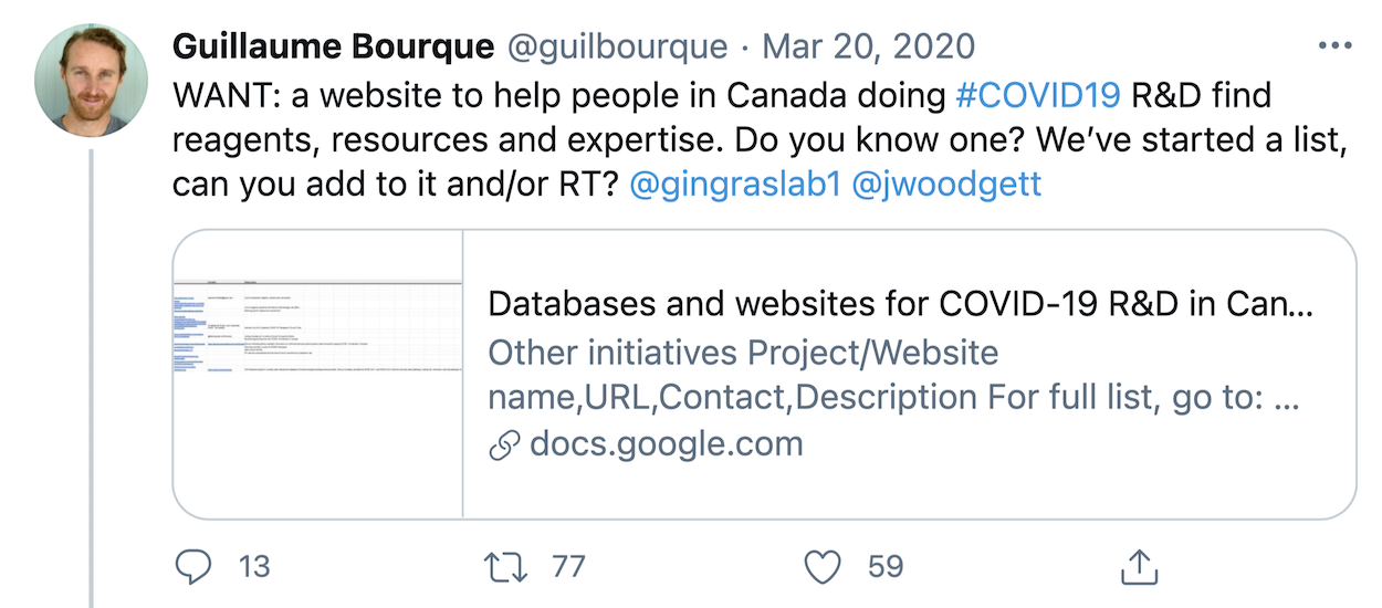 Tweet from Guillaume Bourque (@guilbourque) on March 20, 2020 to find reagents, resources and expertise and sign-up and help with response to COVID-19 pandemic in Canada