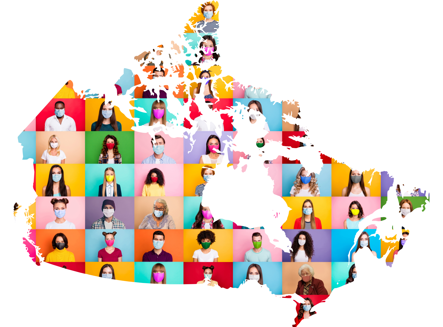 Diverse Canadians wearing protective masks displayed on map of Canada