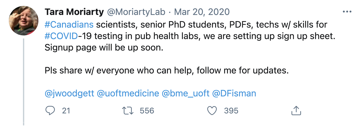 Tweet from Tara Moriarty (@MoriartyLab) on March 20, 2020 for scientists, senior PhD stdents, PDFs to sign-up and help with response to COVID-19 pandemic in Canada