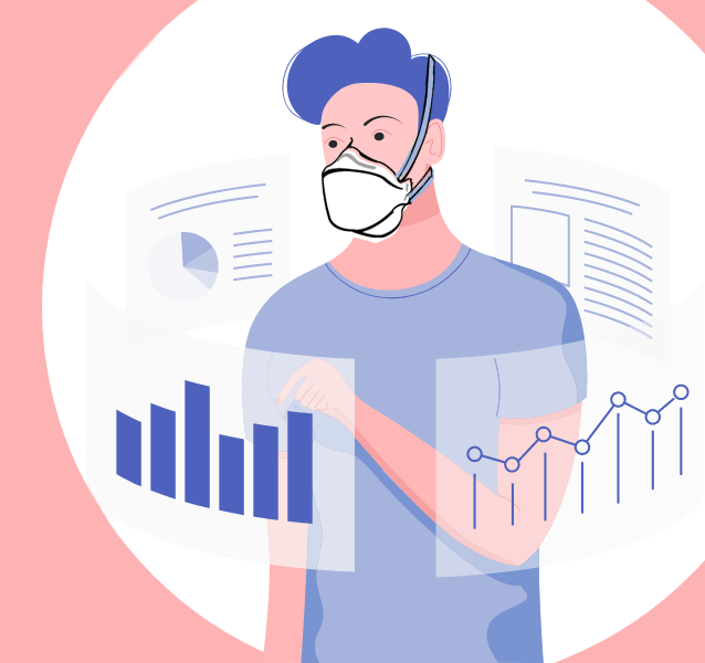 A person in a mask pointing at a floating graph with other floating graphs.