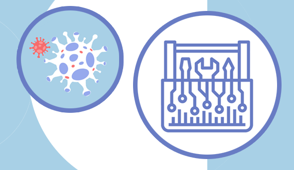 Virus graphics floating with a toolbox outline graphic.