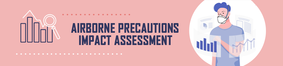Bar graph with magnifying glass icon. Text: Airborne precaution impact assessment. A person in a mask pointing at a floating graph with other floating graphs.